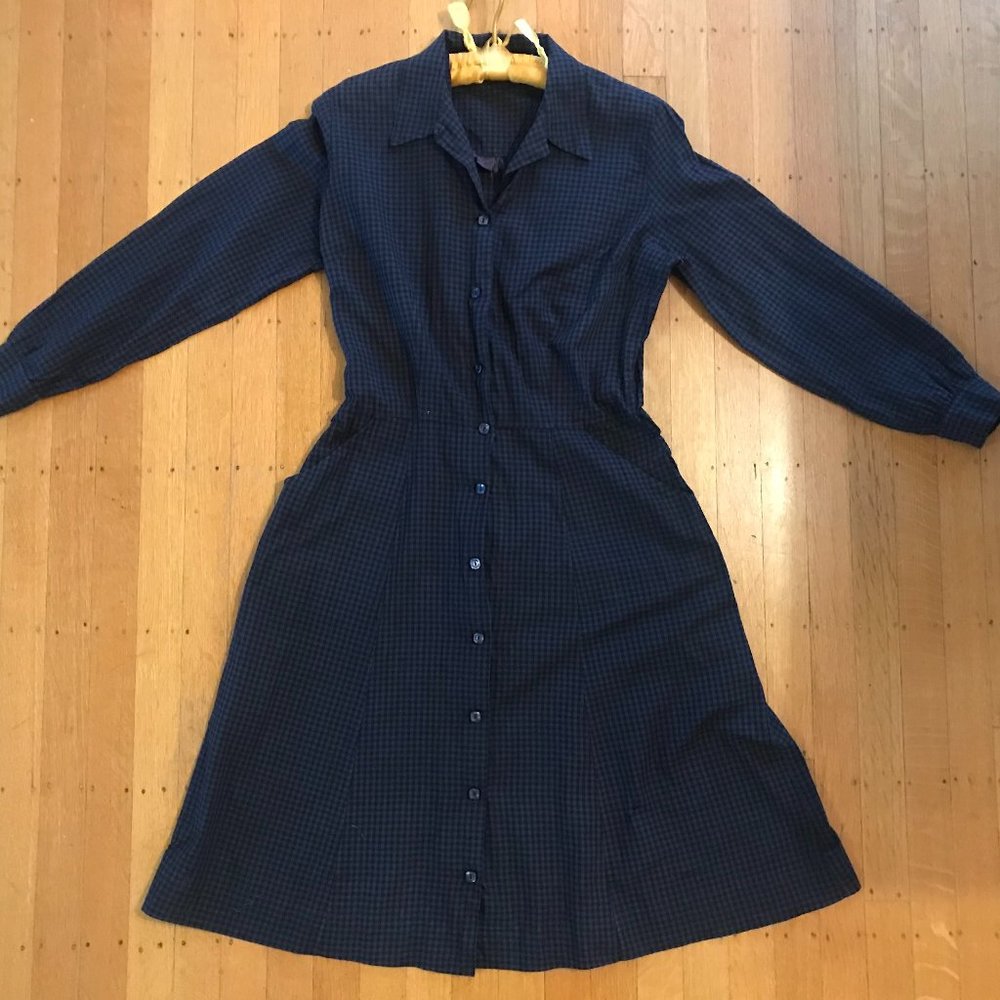 Vintage- 1940s Purple and Black Check Shirt Dress-Medium